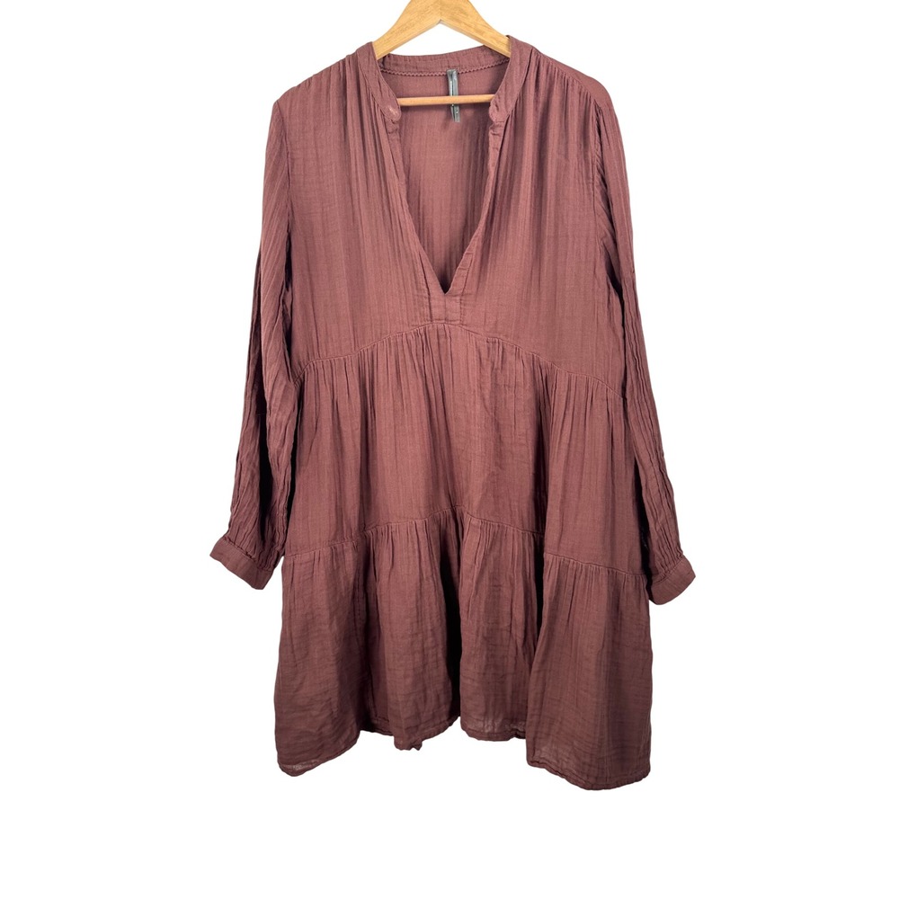 Anthropologie Dress sz L Brown Cotton Gauze Tiered Babydoll Mini Boho